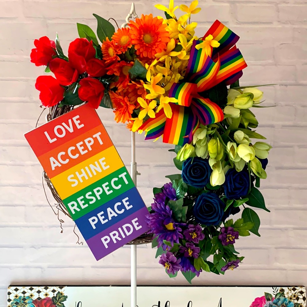 Pride wreath rainbow florals on grapevine